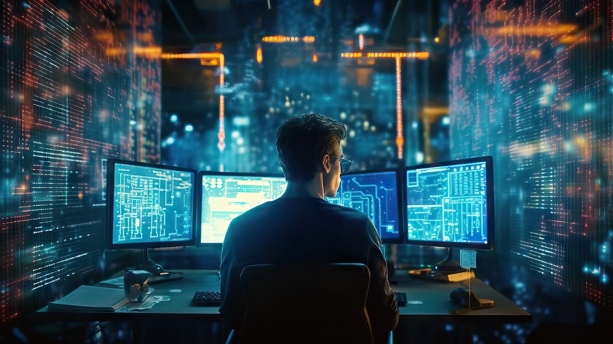 Yrittäjä istuu tietokoneruutujen ääressä, jotka hohtavat sinistä valoa